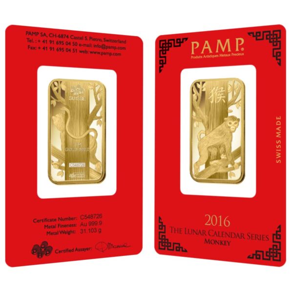 1 oz PAMP Suisse Lunar Monkey Gold Ba