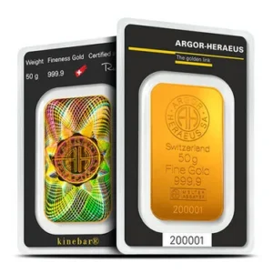 50 Gram Argor Heraeus Kinebar Gold Bar (New w/ Assay)